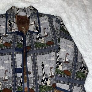 Vintage Blair Lighthouse and Sailboat Tapestry with Anchor Button size 2XL